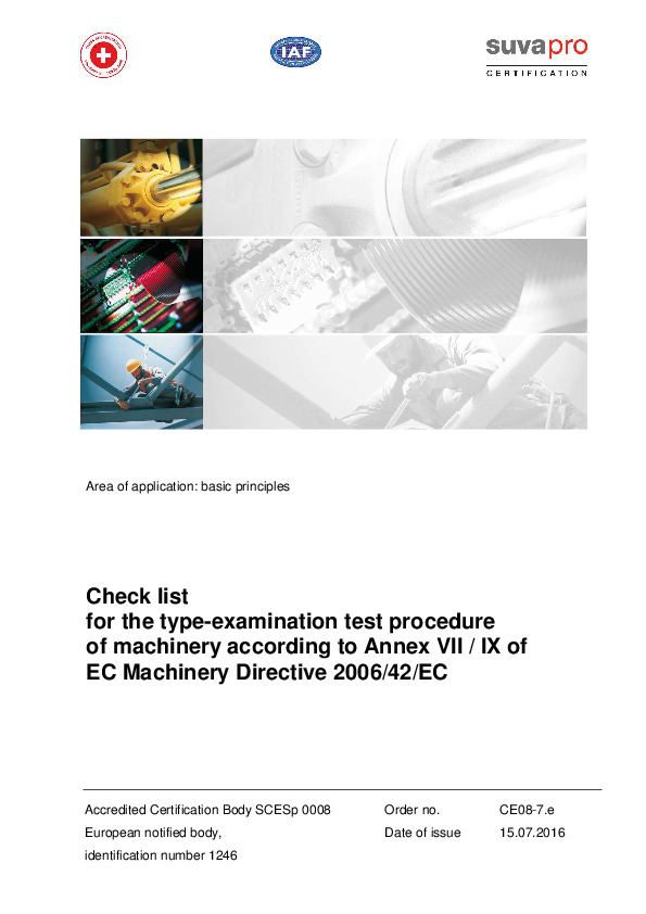 Check list for the type examination procedure of machinery according to Annex VII / IXof EC Machinery Directive 2006/42/EC