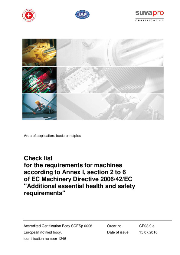 Check list of requirements for machines according to Annex I, Sections 2 to 6 of EC Machinery Directive 2006/42/EC