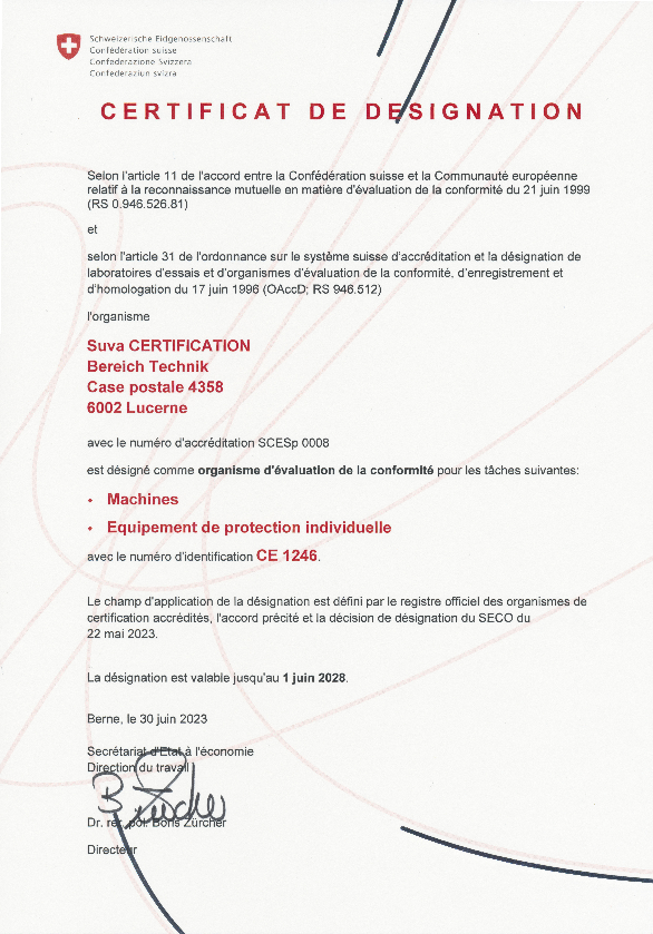 Notification: certificat de désignation SECO