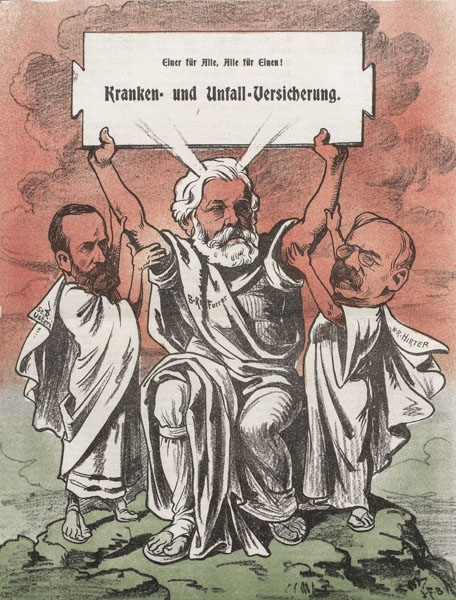 Bundesrat Ludwig Forrer wird 1912 im Nebelspalter als der moderne Moses dargestellt, flankiert von Paul Usteri, Sprecher der Ständeratskommission, als Aron und Johann Hirter, Sprecher der Nationalratskommission, als Hur.