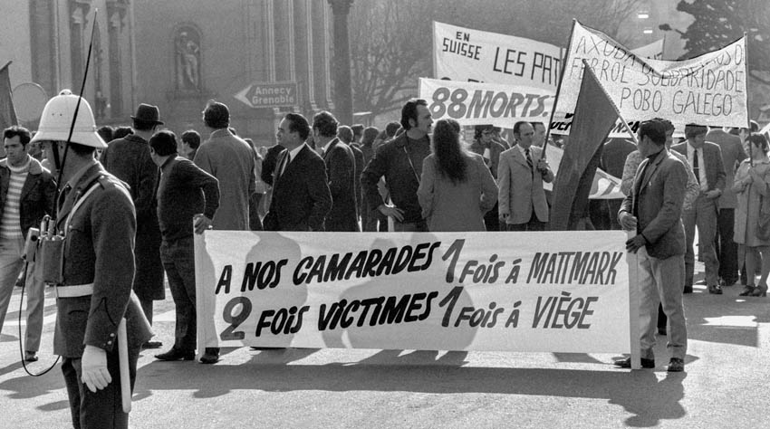 Manifestation des syndicats à Genève pour protester contre le jugement relatif à l’accident de Mattmark, le 18 mars 1972