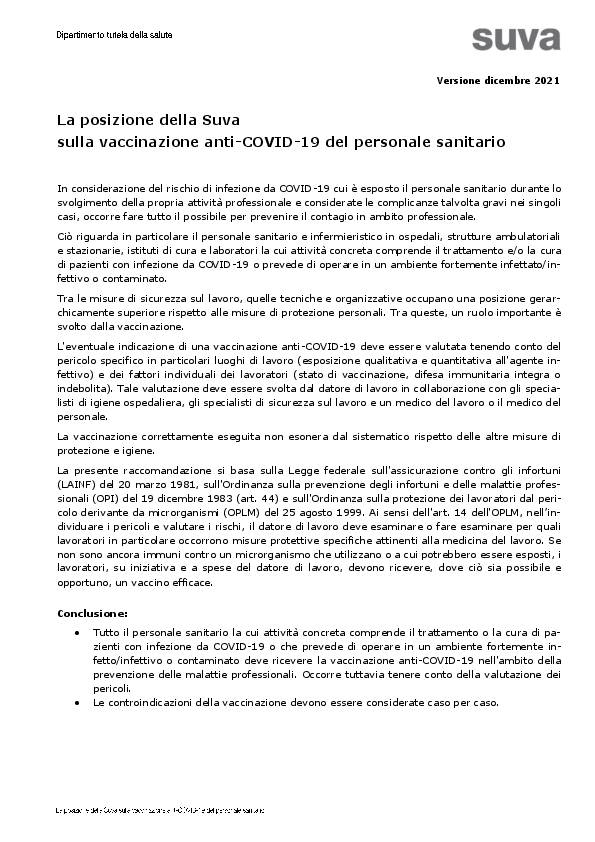 Vaccino anti-COVID nella sanità | Posizione della Suva