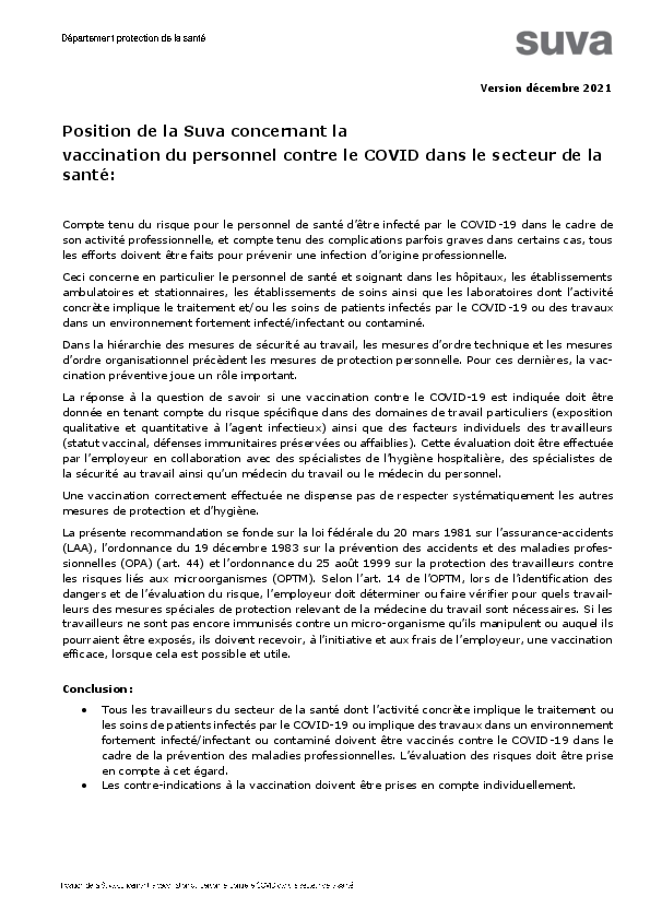 Vaccin contre le Covid dans le secteur de la santé – Position de la Suva