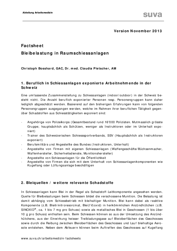 Bleibelastung im Schiessstand: Factsheet
