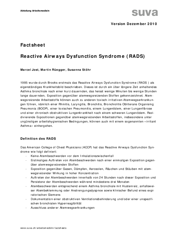 Factsheet: Reactive Airways Dysfunction Syndrome (RADS)