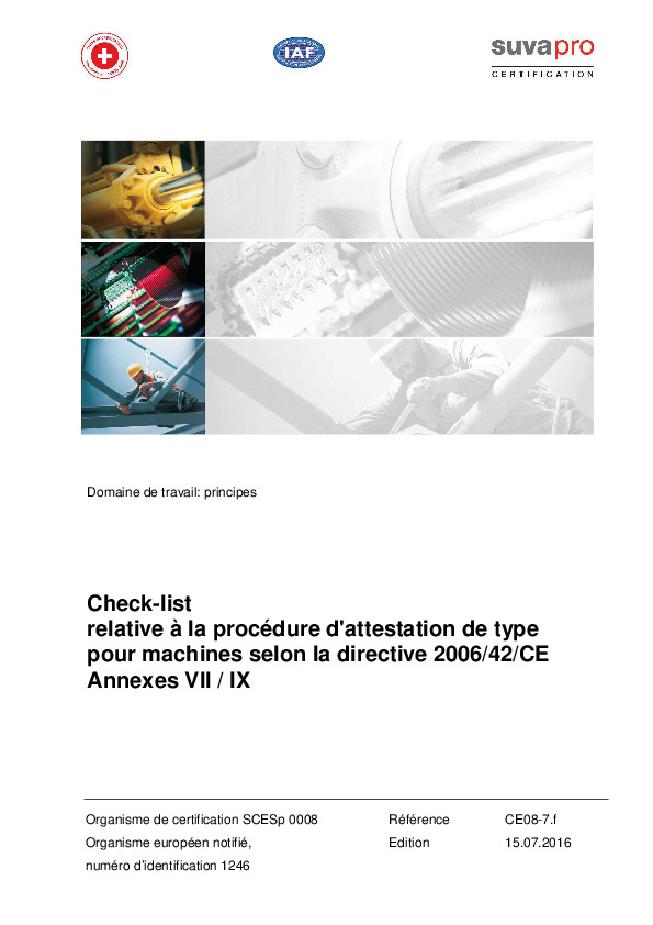 Attestation d’examen de type selon la directive CE Machines 2006/42/CE