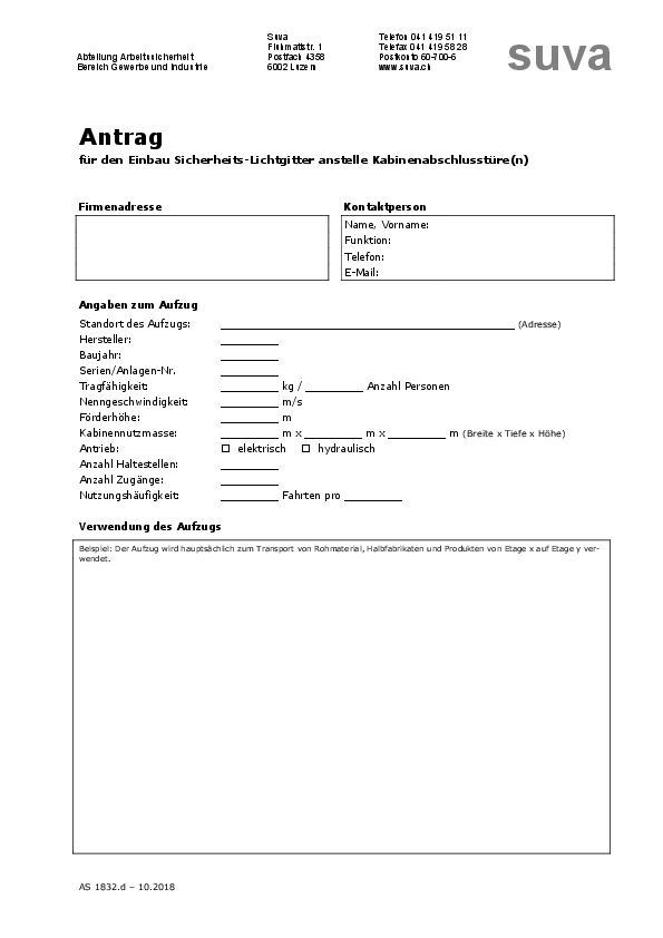 Antragsformular Sicherheits-Lichtgitter im Aufzug