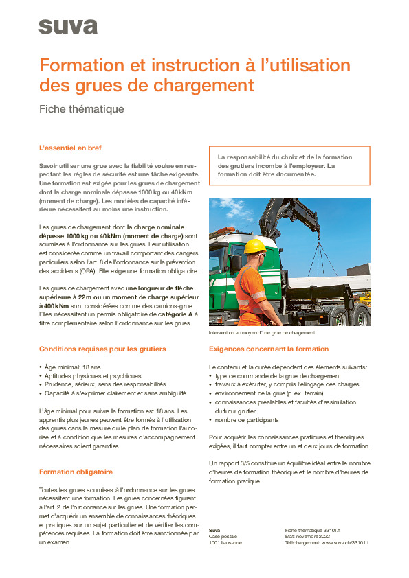 Grues de chargement: formation obligatoire, instruction