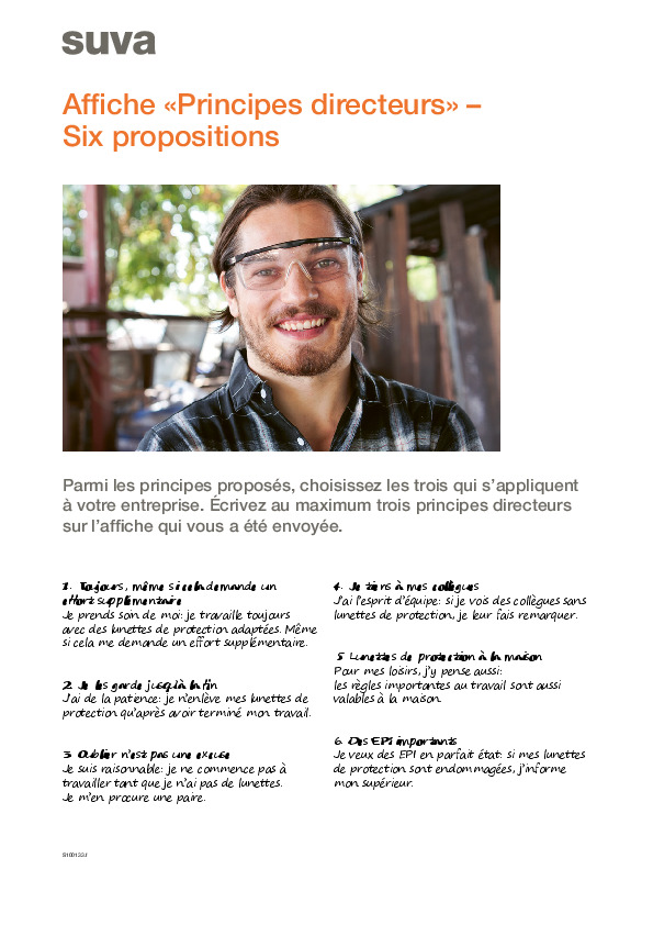 Principes directeurs pour l’affiche "Petits moyens, grands effets: lunettes de protection. Toujours."
