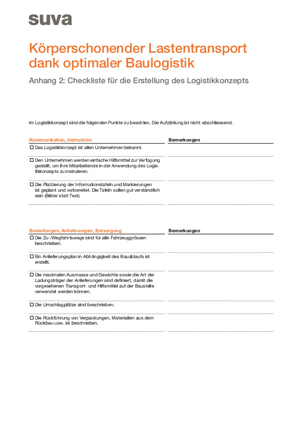 Checkliste für die Erstellung des Logistikkonzepts