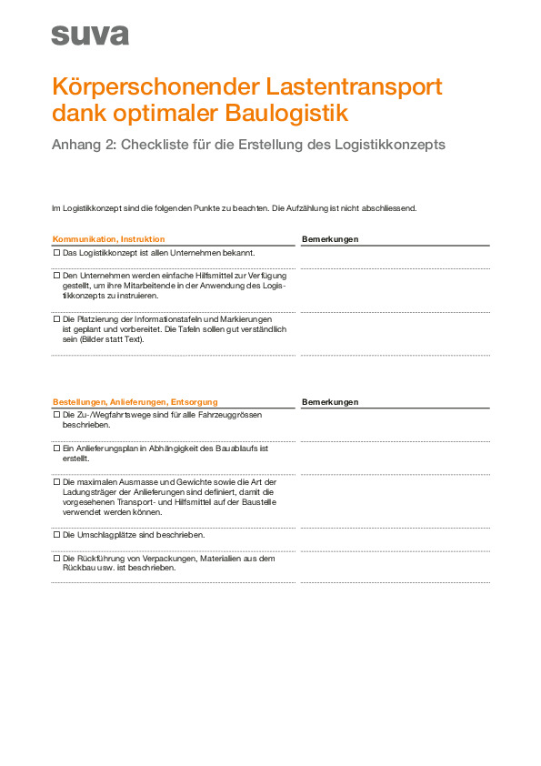 Checkliste für die Erstellung des Logistikkonzepts