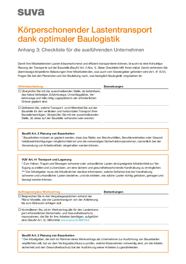 Checkliste für die ausführenden Unternehmen