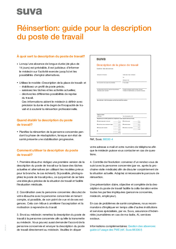 Réinsertion: guide pour la description du poste de travail