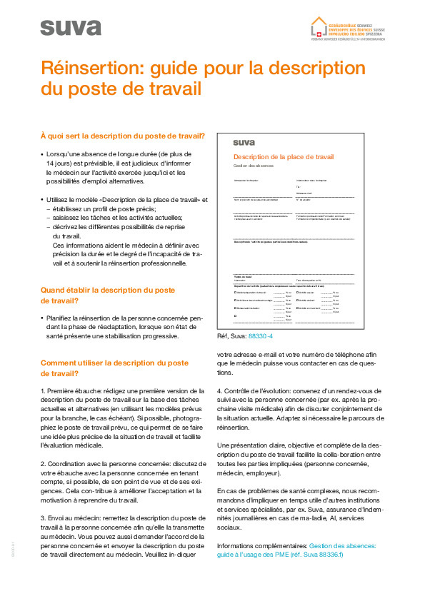 Réinsertion: guide pour la description du poste de travail