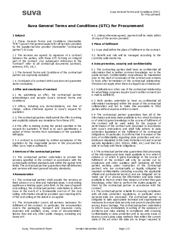 Suva General Terms and Conditions (GTC) for Procurement