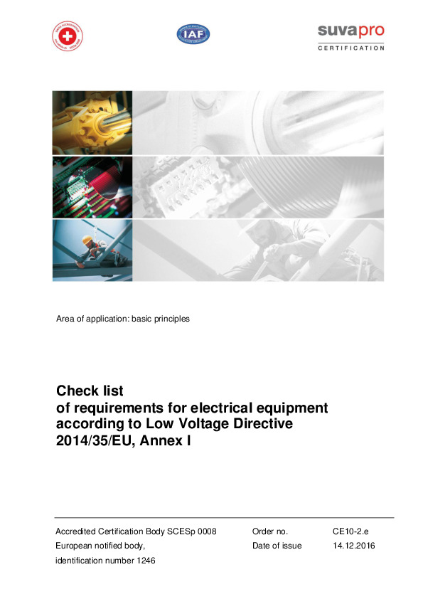 Check list of requirements for electrical equipment according to Low Voltage Directive 2014/35/EU, Annex I