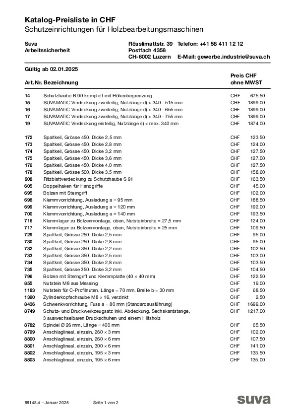 Preise Schutzeinrichtungen Holzbearbeitungsmaschinen