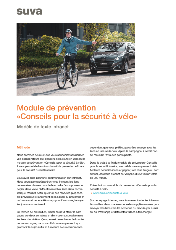 Conseils pour la sécurité à vélo pour intranet