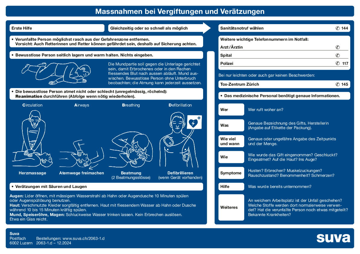 Tafel: Erste Hilfe bei Vergiftungen und Verätzungen
