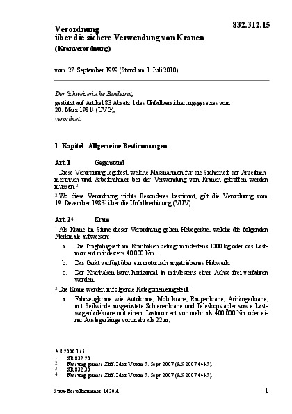 Verordnung über die sichere Verwendung von Kranen (Kranverordnung)
