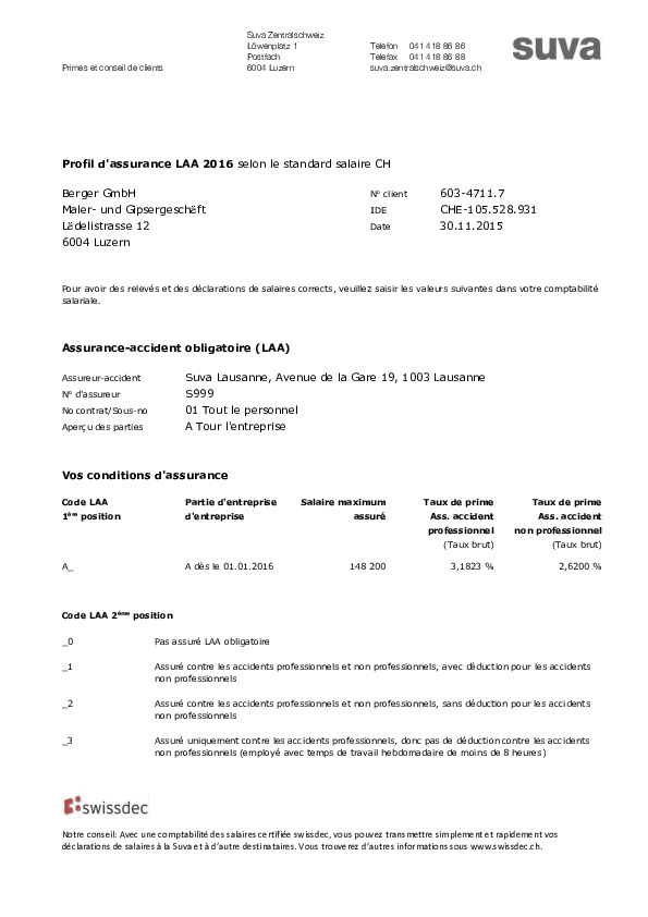 Comptabilité salariale: profil d’assurance LAA