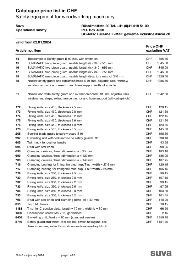Catalogue price list in CHF.Safety equipment for woodworking machinery