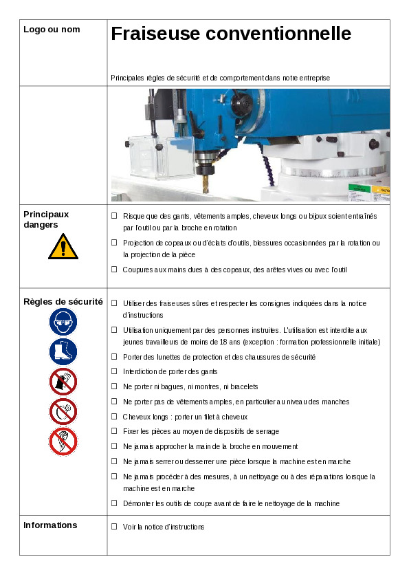 Règles de sécurité: fraiseuse conventionnelle