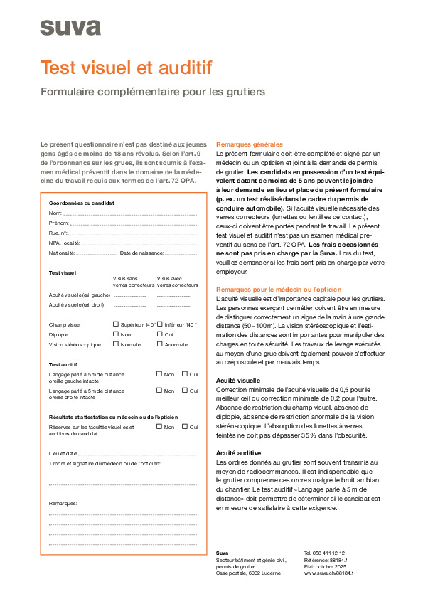 Formulaire Test visuel et auditif pour futur grutier