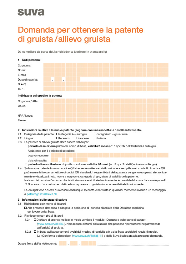 Modulo di domanda per ottenere la patente di gruista
