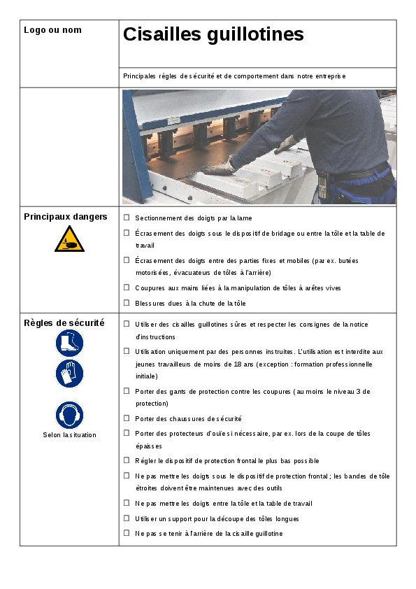 Cisaille guillotine: affiche avec les règles de sécurité