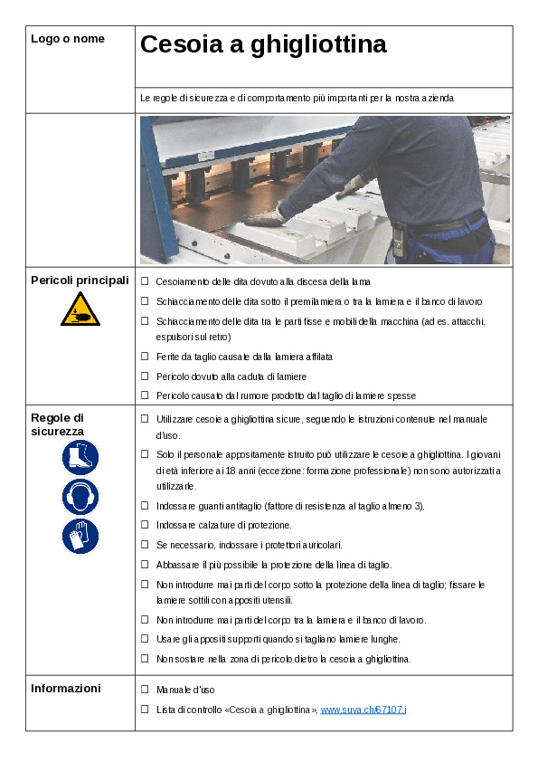 Cesoia a ghigliottina: manifesto con regole di sicur.