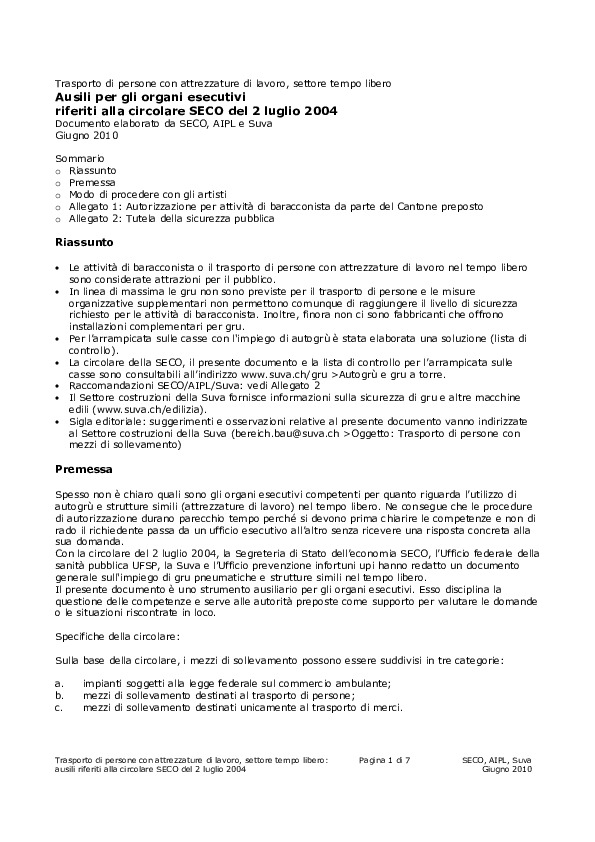 Trasporto di persone con attrezzature di lavoro nel tempo libero – Ausili riferiti alla circolare SECO