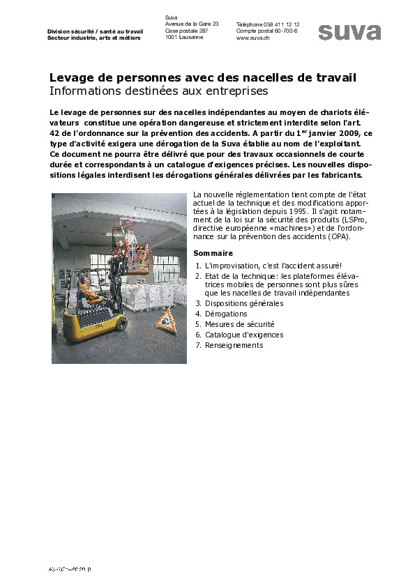 Levage de personnes avec des nacelles de travail – Informations destinées aux entreprises