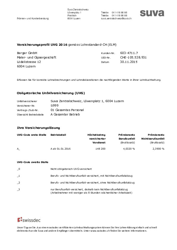 Lohnbuchhaltung: Versicherungsprofil UVG