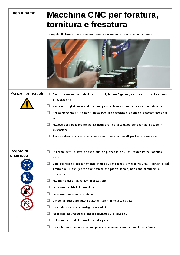 Manifestino Fresa CNC: pericoli e regole di sicurezza