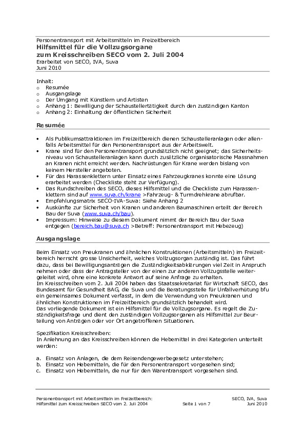 Personentransporte mit Arbeitsmitteln im Freizeitbereich – Hilfsmittel zum Kreisschreiben des SECO