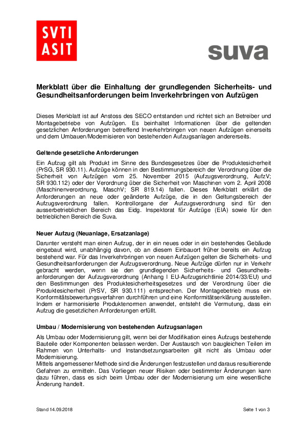 Aufzüge: Anforderungen ans Inverkehrbringen