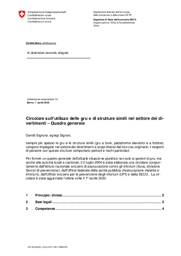 Circolare sull’utilizzo delle gru e di strutture simili nel settore dei divertimenti