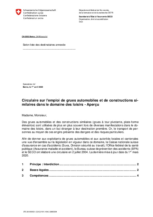 Circulaire sur l'emploi de grues automobiles et de constructions similaires dans le domaine des loisirs