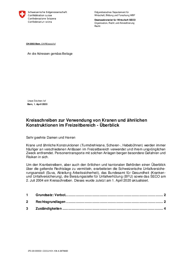 Kreisschreiben zur Verwendung von Kranen und ähnlichen Konstruktionen im Freizeitbereich - Überblick