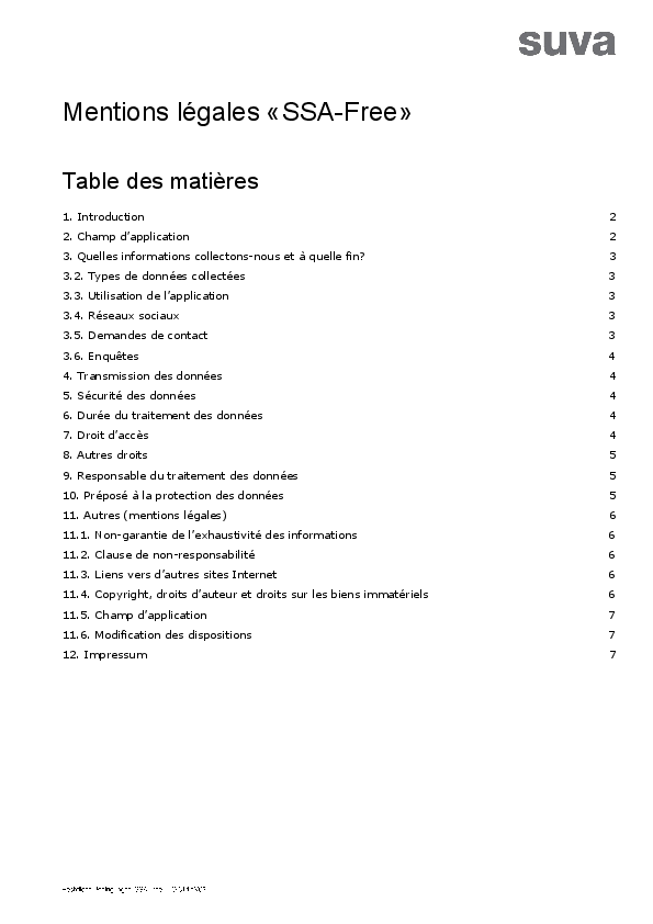 Suva Safety App «SSA-Free»: mentions légales