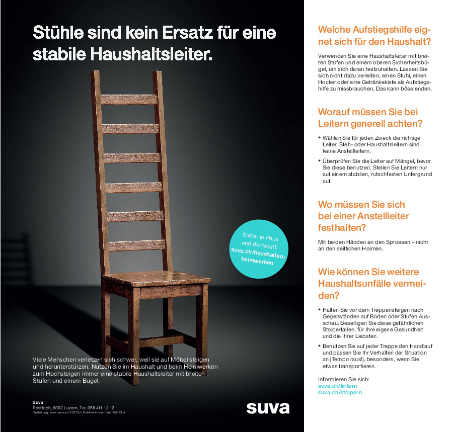 Plakat: Ein Stuhl ist kein Ersatz für eine Leiter