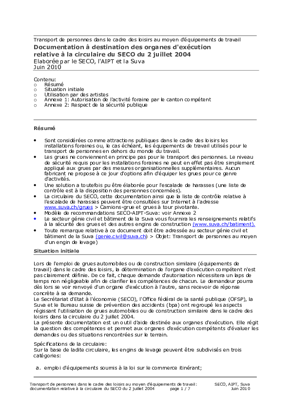 Transport de personnes dans le cadre des loisirs au moyen d’équipements de travail – Documentation relative à la circulaire du SECO