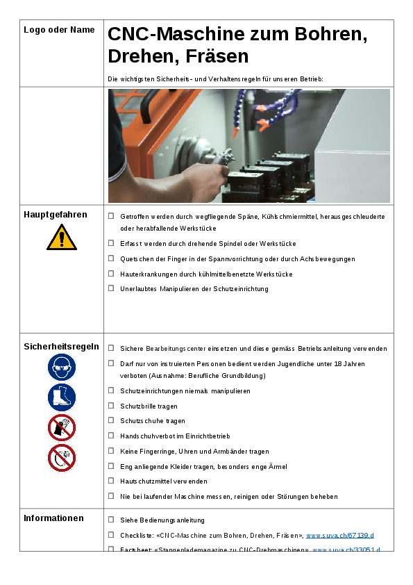 Kleinplakat CNC-Fräse: Gefahren und Sicherheitsregeln