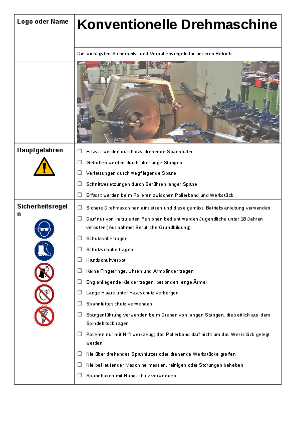 Konventionelle Drehmaschine: Sicherheitsregeln 