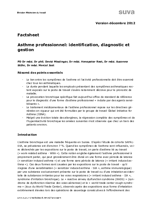 Maladie professionnelle asthme bronchique