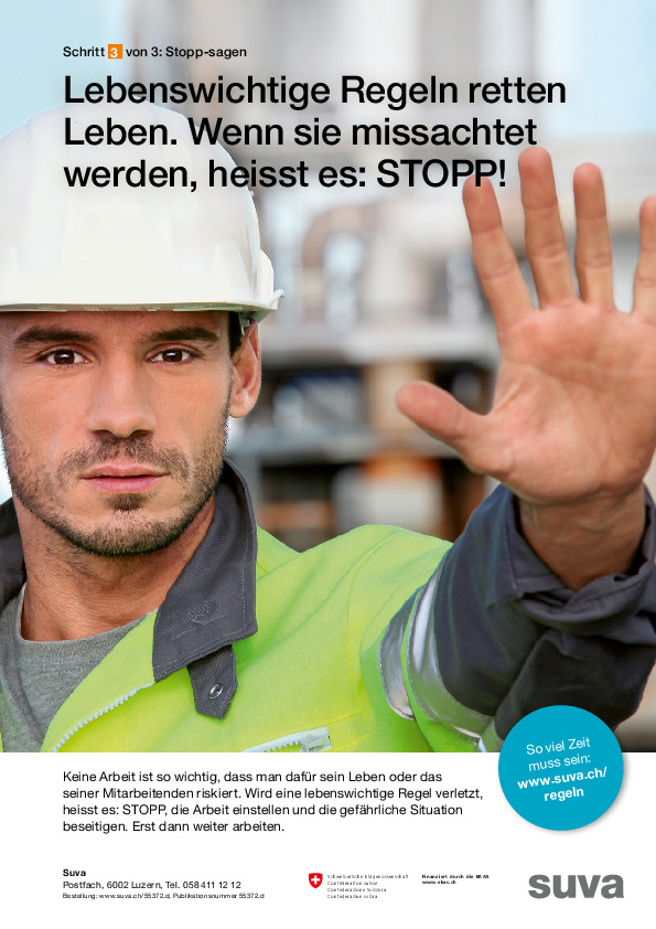 Plakat lebenswichtige Regeln: Bei Verstoss STOPP sagen