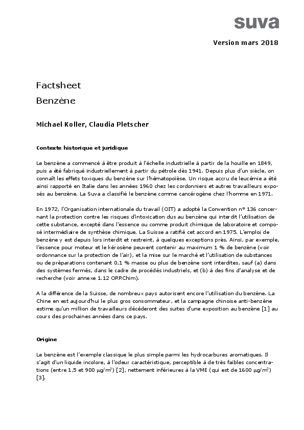 Fiche thématique Benzène: effets sur la santé