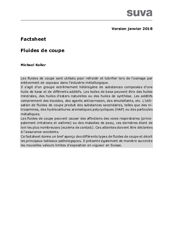 Fluide de coupe: factsheet sur les maladies de peau
