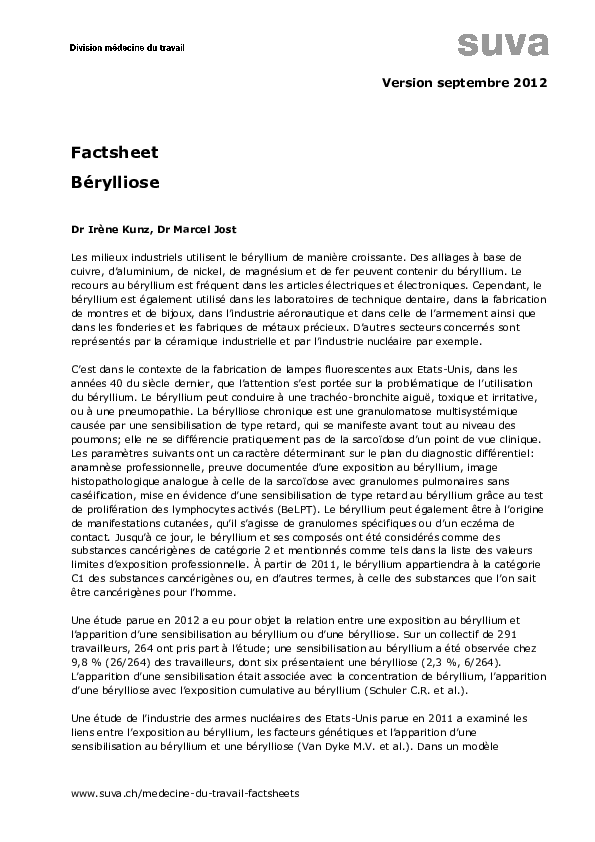 Fiche thématique bérylliose: bases de la méd. du trav.